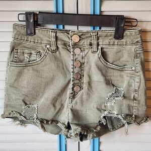 Refuge Distressed Olive Green Denim Shorts